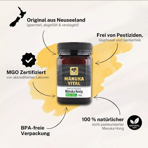 Manuka Vital Honig MGO 450+ 550+ 500g Neuseeland Premium antibakteriell NirooX
