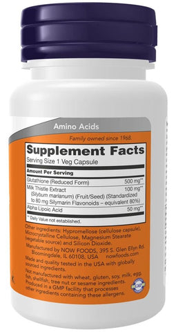 Now Foods Glutathione with Milk Thistle Extract &amp; Alpha Lipoic Acid 500mg 30 ... - NirooX NutritionNirooX Nutrition