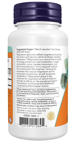NOW Foods Magnesium Glycinate with BioPerine - 60 vcaps / 3 x 60 vcaps / 180caps - NirooX NutritionNirooX Nutrition