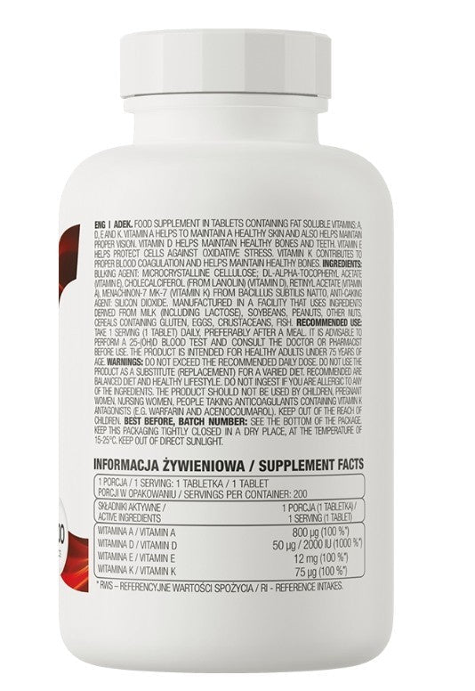 OstroVit ADEK 200 Tabletten Vitamin A D3 E K2 Komplex Immunsystem Knochen NirooX