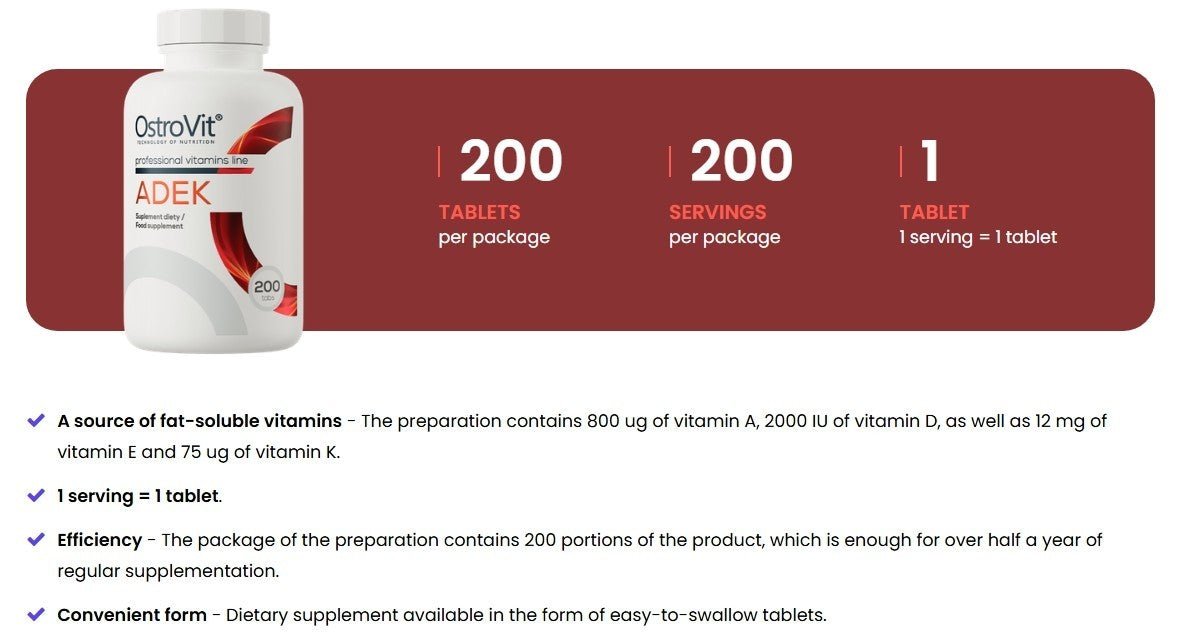 OstroVit ADEK 200 Tabletten Vitamin A D3 E K2 Komplex Immunsystem Knochen NirooX