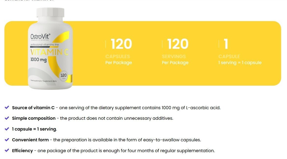 OstroVit Vitamin C 1000mg 120 Kapseln Immunsystem Antioxidans Sporternährung NirooX