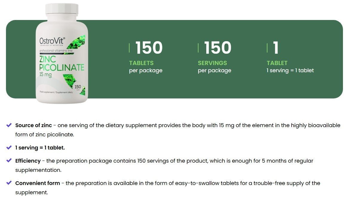 OstroVit Zinc Picolinate 15mg 150 Tabletten Zink Immunsystem Testosteron NirooX