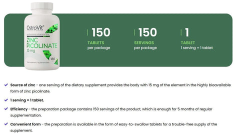 OstroVit Zinc Picolinate 15mg 150 Tabletten Zink Immunsystem Testosteron NirooX