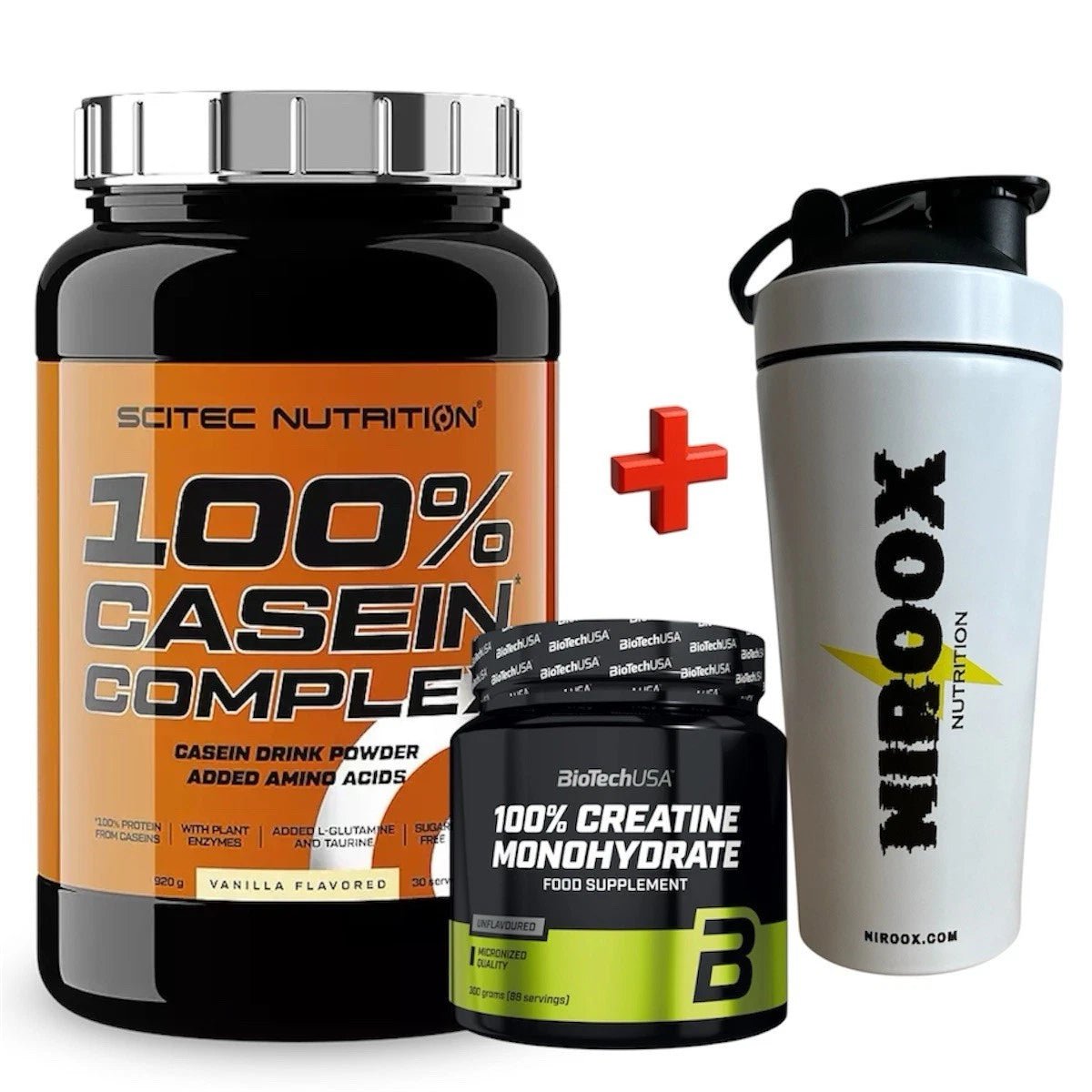 Scitec 100% Casein Complex 920g + Biotech USA Creatine 300g – Bundle | Nacht - Protein & Kraft - Optimierung - NirooX NutritionNirooX Nutrition