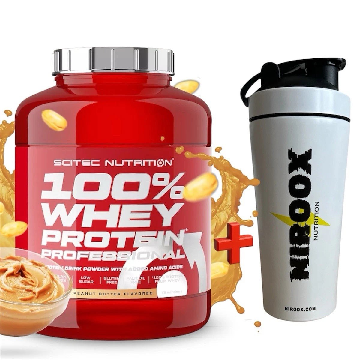 Scitec 100% Whey Protein Professional 2350g Erdnussbutter + Edelstahl Shaker – Bundle | Muskelaufbau Set - NirooX NutritionNirooX Nutrition